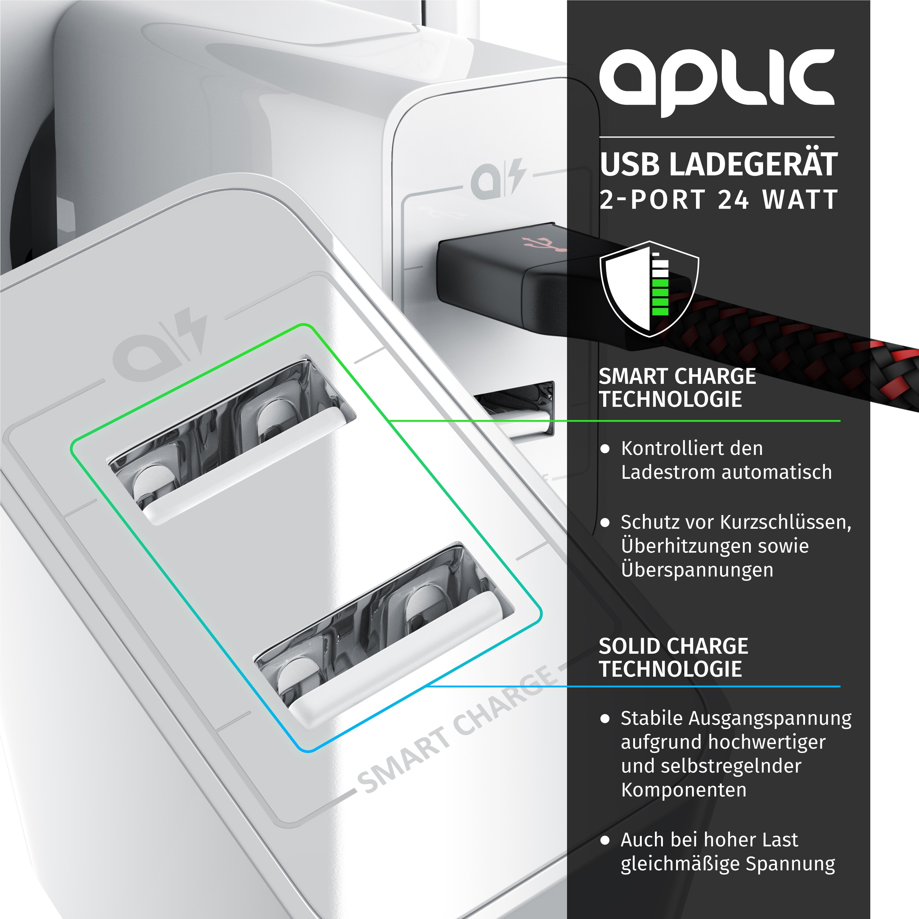 Aplic USB-Ladegerät 4800 mA, 2 Port Nezteil mit Smart Charge + Solid Charge, Leistungsstarke 24W