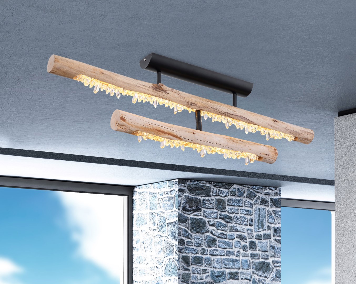 LED-Deckenleuchte - schwarz matt - Holzoptik - Acrylkristalle