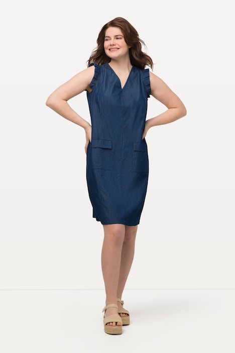 Kleid, Jeansoptik, A-Linie, V-Ausschnitt, Flügelärmel