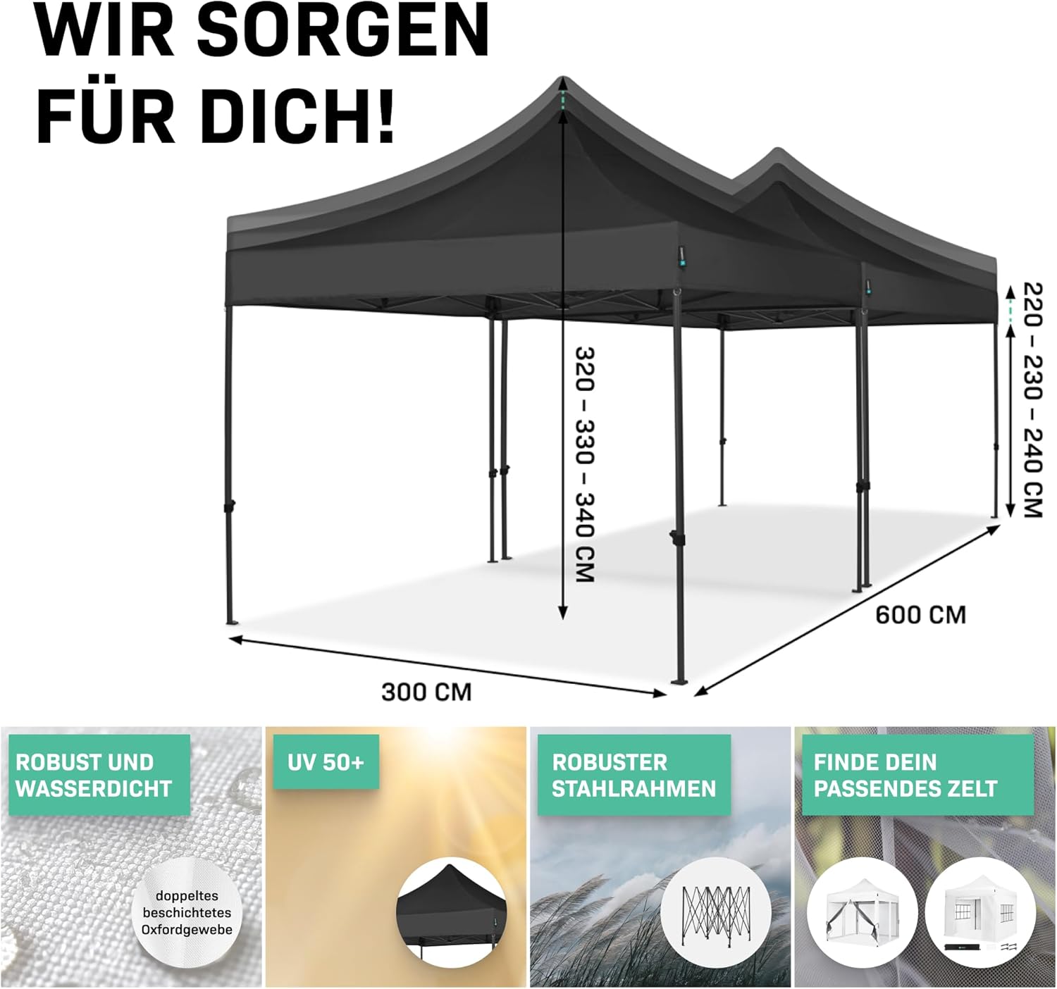 Pavillon Easy-Up 3 x 3 m – Gartenzelt mit Stahlrahmen, wasserdichte Plane, UV-Schutz 50+, Transporttasche mit Rädern – modular und erweiterbar (6x3m, Schwarz)