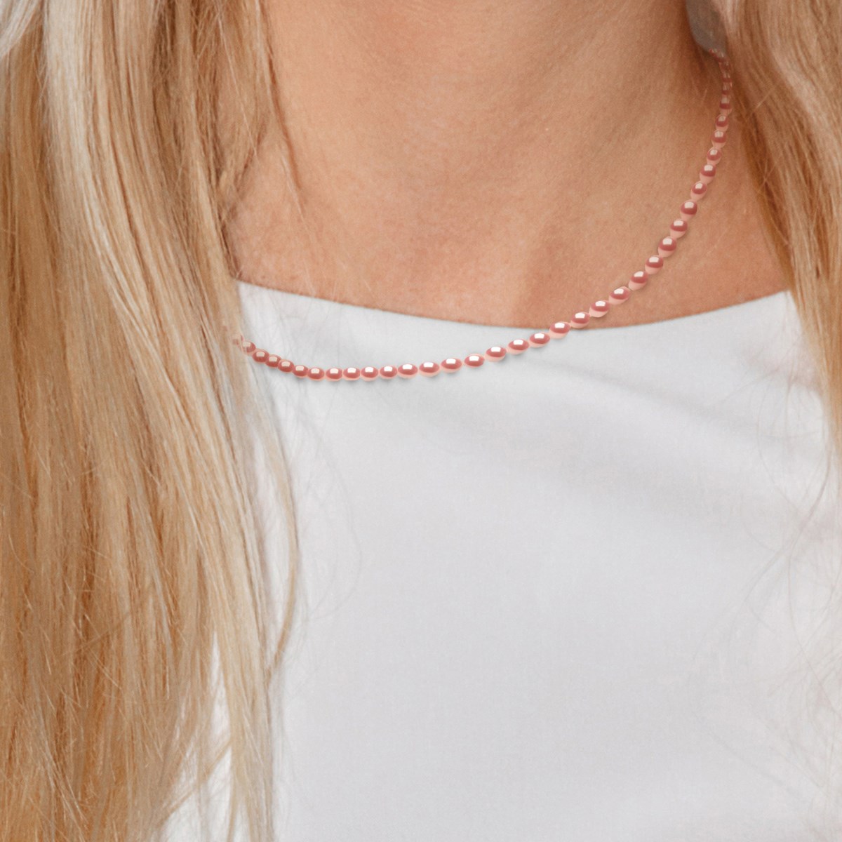 Collier Rang de Perles d'Eau Douce Grain de Riz 4-5 mm Roses Or Blanc 18 Carats