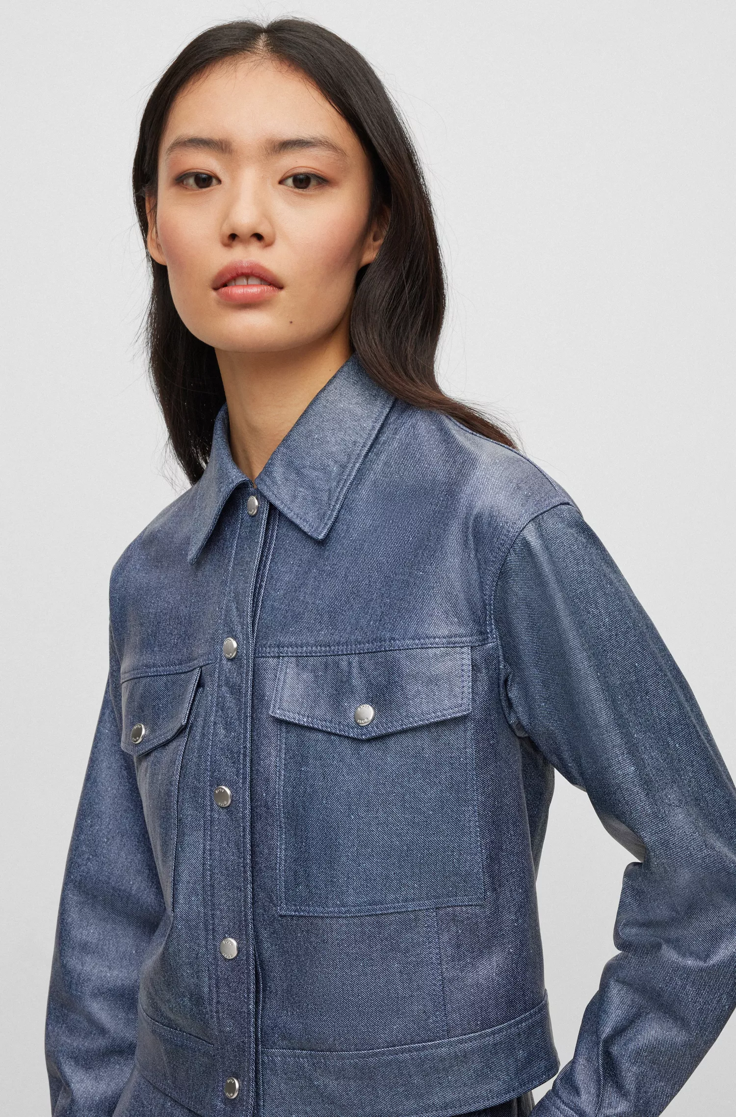 Jaqueta BOSS de couro preto com estampa jeans