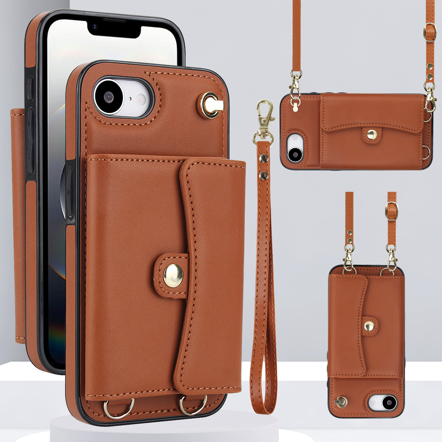 iPhone 16e Necklace Leder Schutz Hülle mit Kartenfach   Handykette (140cm) - Braun