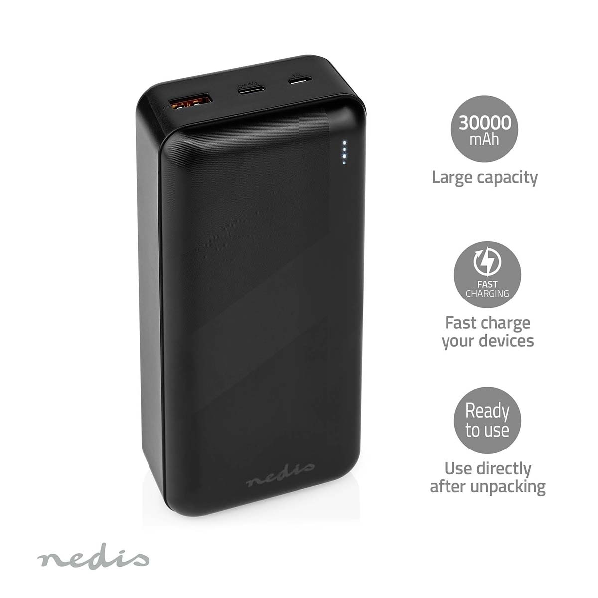 Nedis Power Bank | 30000 mAh | 1.5 / 2.0 / 3.0 A | Antall utganger: 2 | Utgangstilkobling: 1x USB-A / 1x USB-C™ | Inngangstilkobling: 1x Micro USB / 1x USB-C™ | PD3.0 20W | Lithium-Polymer