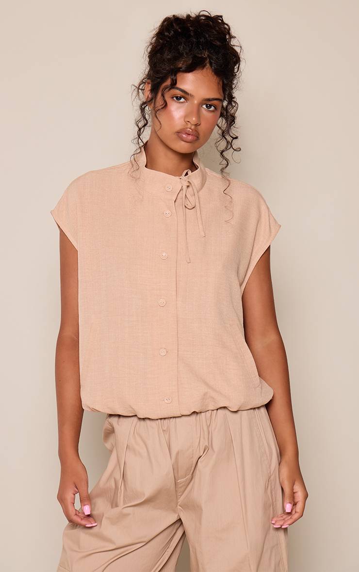 Gris Pierre Chemise Sans Manches Col Cheminée Avec Détail Nœud
