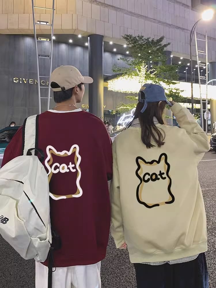 BEAUGALL - Koppel bijpassende ronde hals sweatshirt met kattenprint
