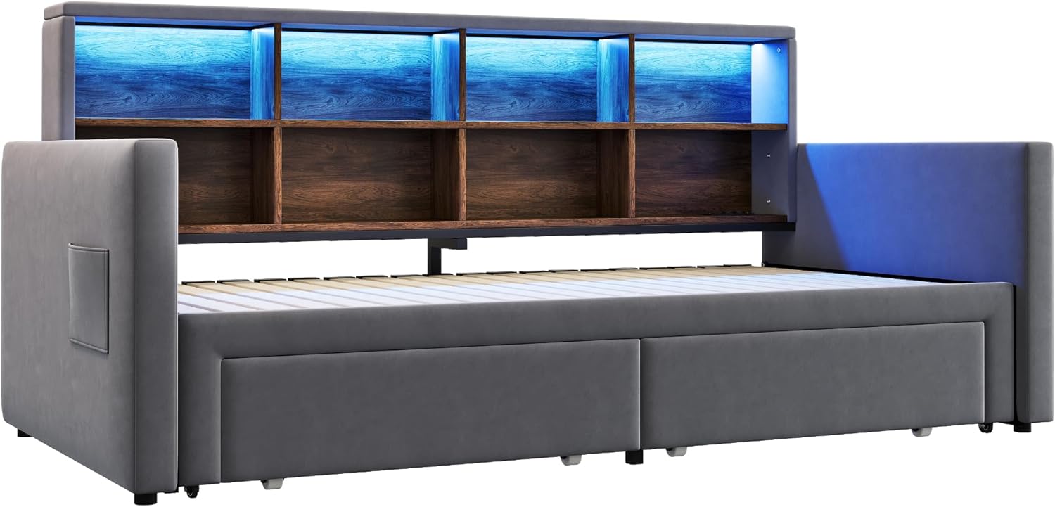 Ausziehbares Polsterbett Schlafsofa 90/180 x190cm, Kopfteil mit integrierten Staufächern, LED-Lichtleiste und Ladesteckdosen, Mit Zwei Schubladen und Lattenrost, Samtstoff Dunkelgrau