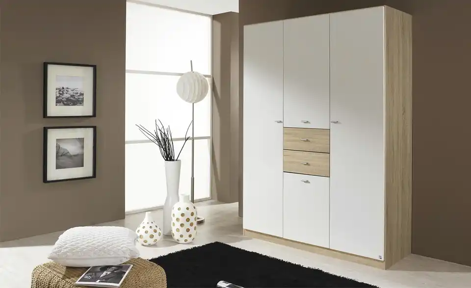 Kleiderschrank Landsberg 136 cm Weiß, Eiche Sonoma (Nachbildung)