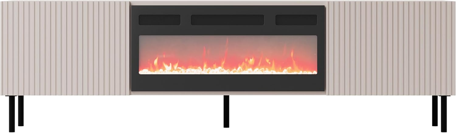Mirjan24 TV Schrank Arypot 2D mit Elektrischem Kamin, Griffloses System, gefräster Front, TV Lowboard, Realistische LED-Flamme, Deko-Kristallen, Heizfunktion, Fernbedienung (Cashmere.)