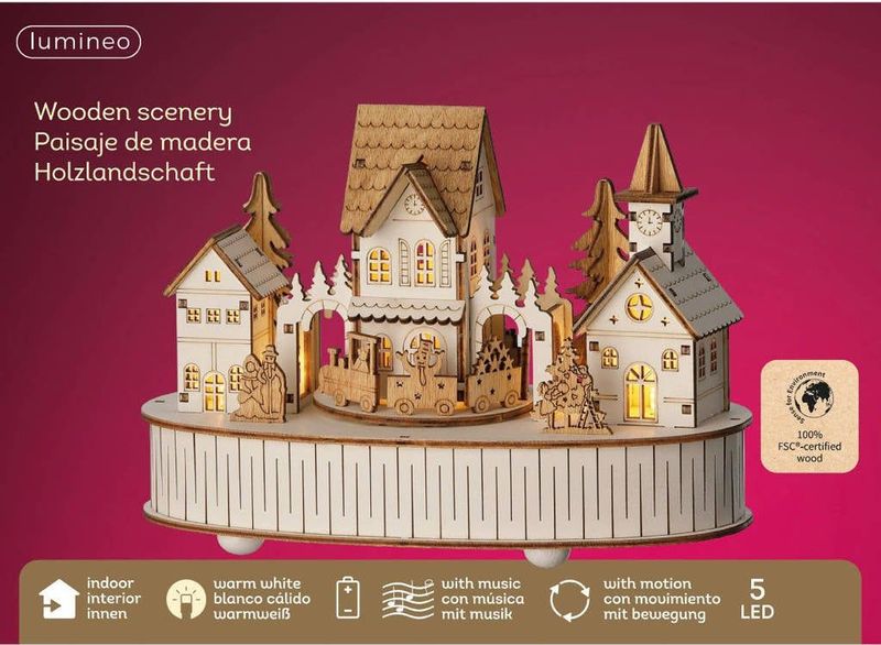 Lumineo - Houten Kerstfiguur - Kerstdorp met Treintje - Verlichting - 5 LED Lampjes