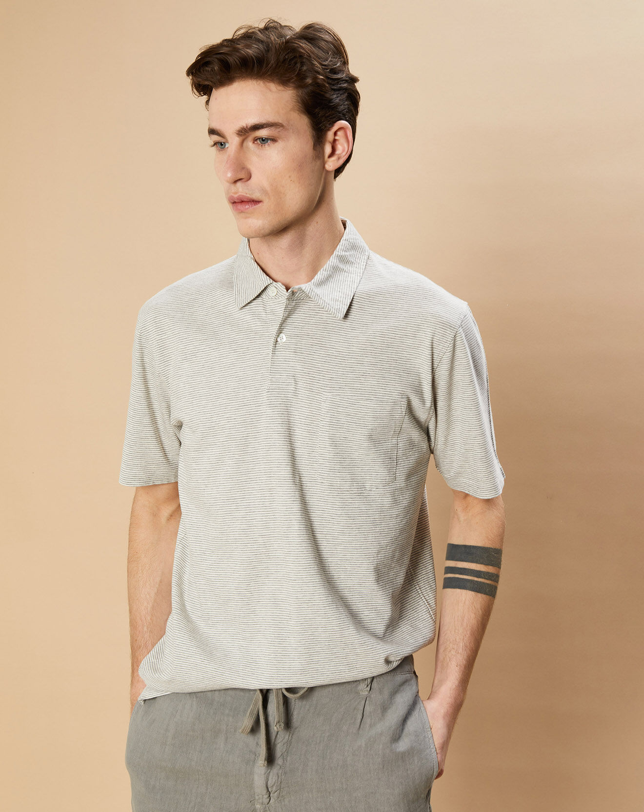 Hartford Polo piqué rayé gris/écru