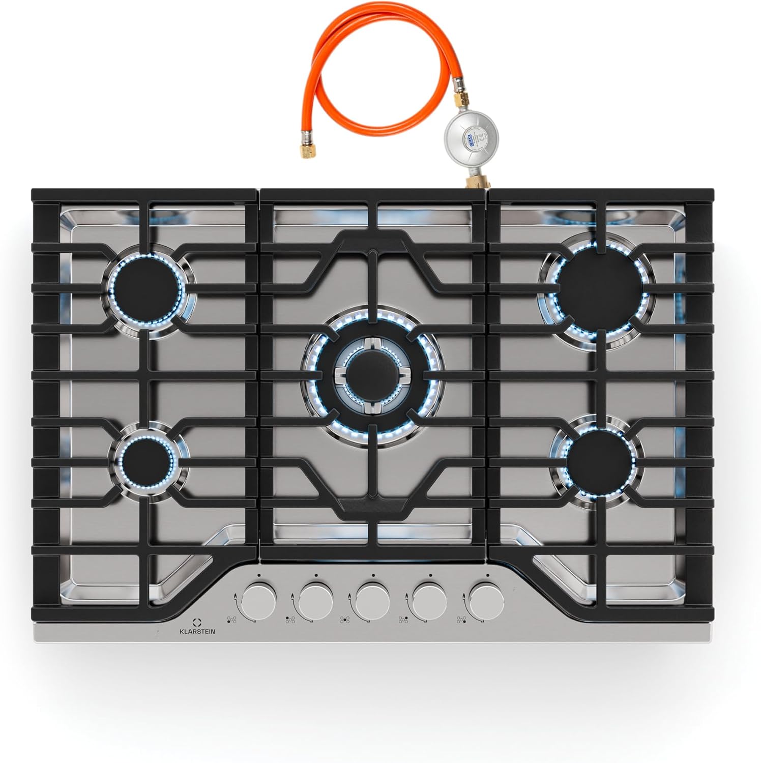 Klarstein Turbocast Gaskochfeld - 5-Brenner Edelstahl 304, 3,4 kW Wokbrenner, Gusseiserne Pfannenhalter, Elektrische Zündung, Sicherheitsabschaltung, LPG-Umrüstsatz, Gasherd, 750x500 mm