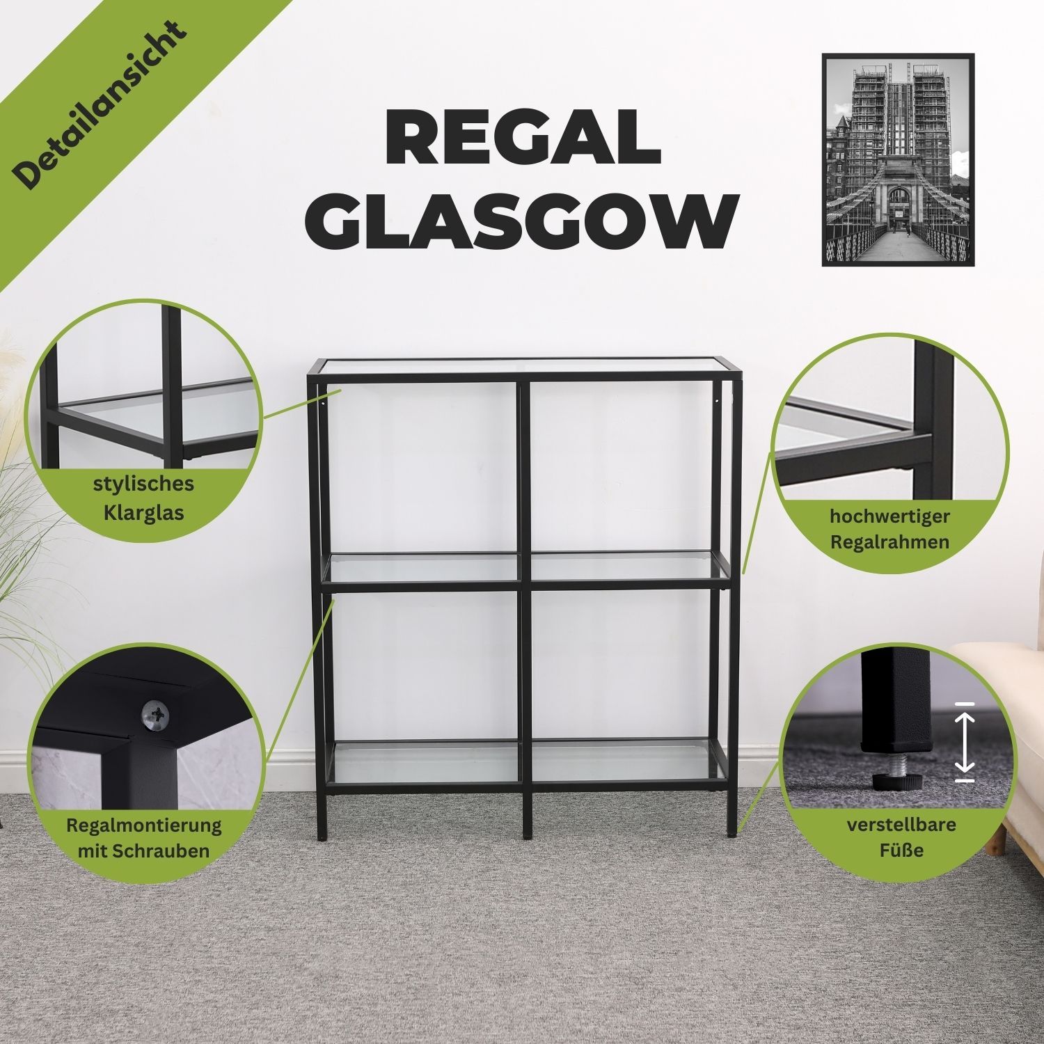 Mein-Regal Regal Glasgow 90x35x100cm aus Metall Glaseinlegeboden 2 Etagen schwarz