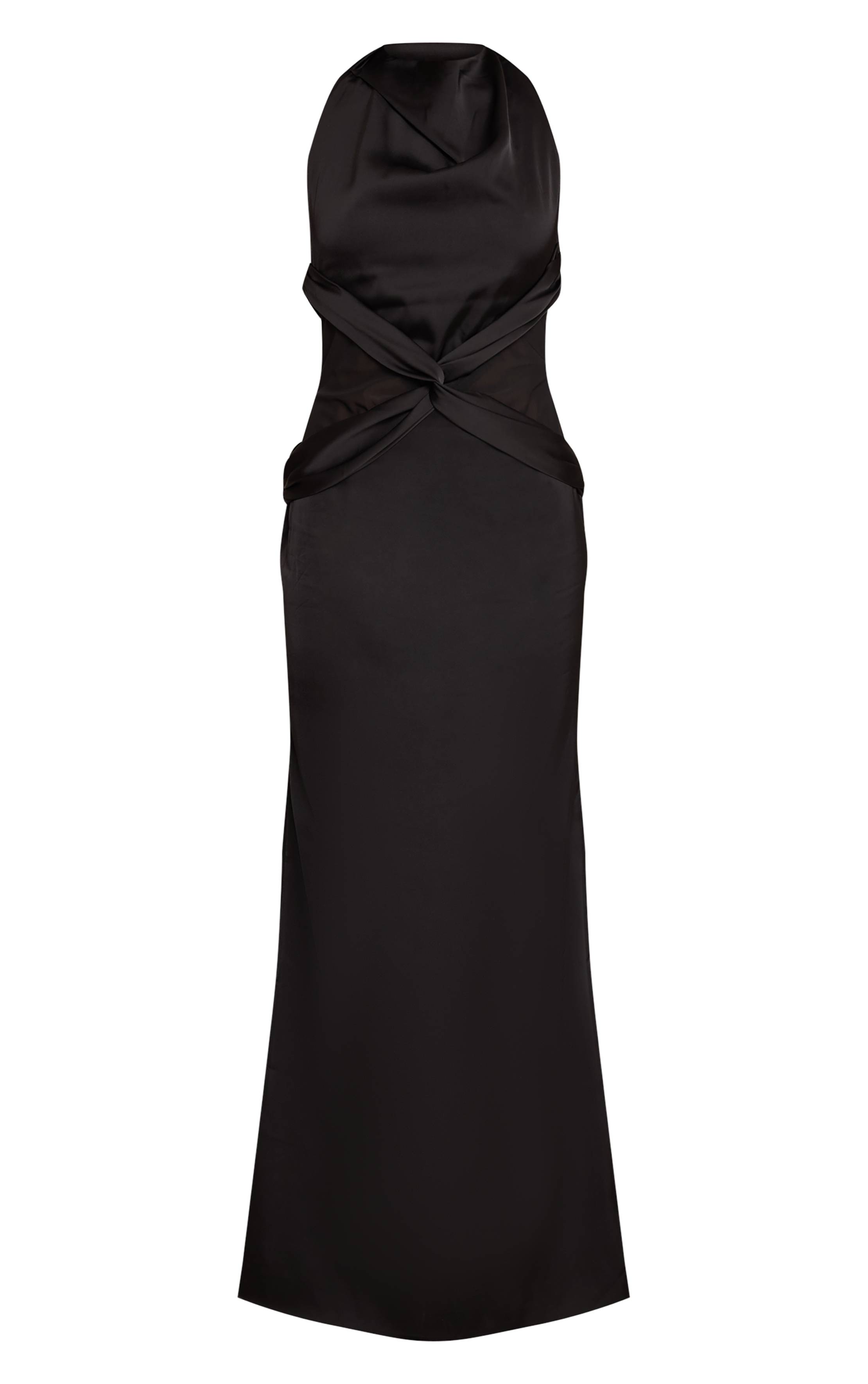 Noir Robe Longue En Satin Avec Détails En Résille
