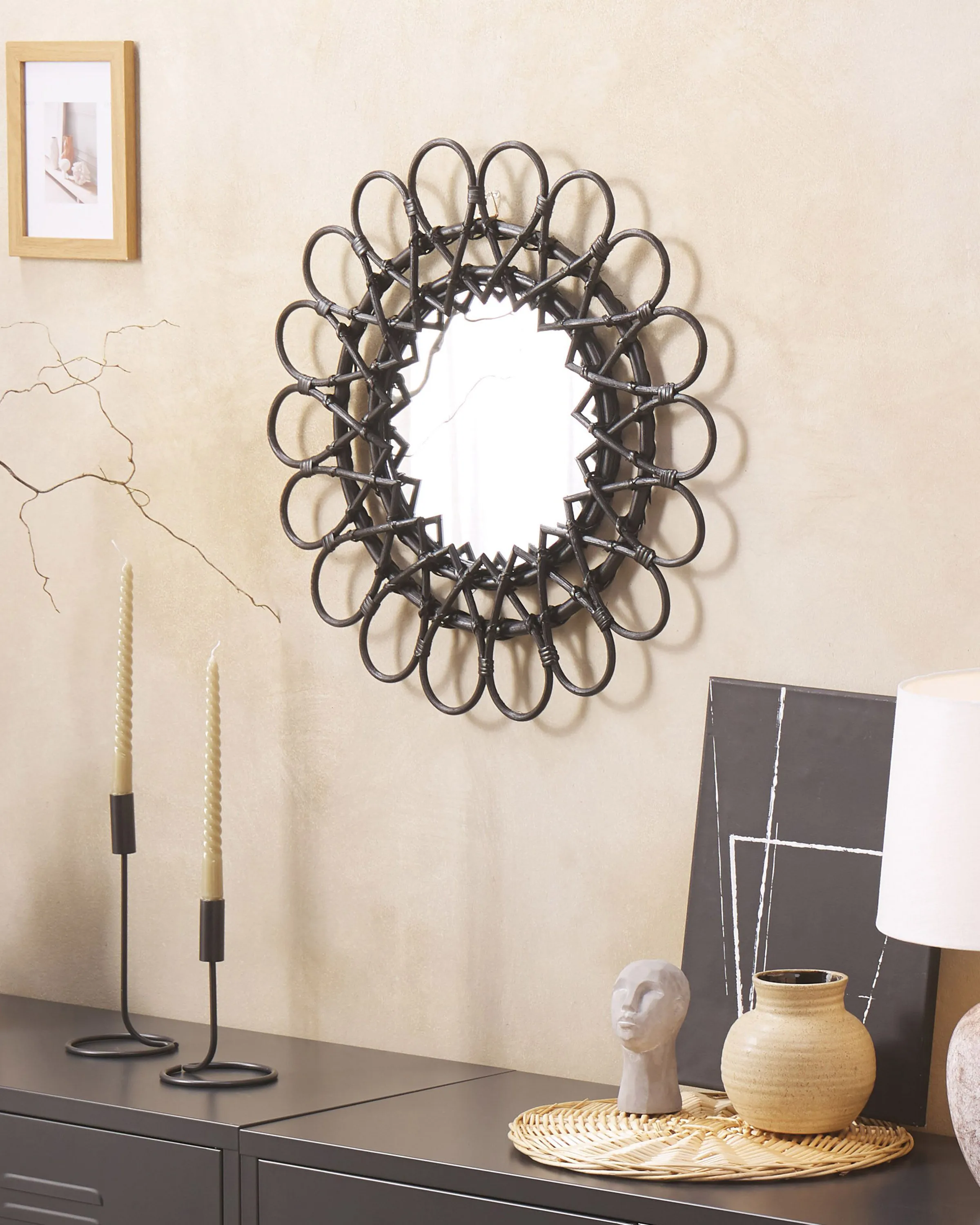 Wandspiegel BABAI 60 cm 60 cm Rotan Zwart