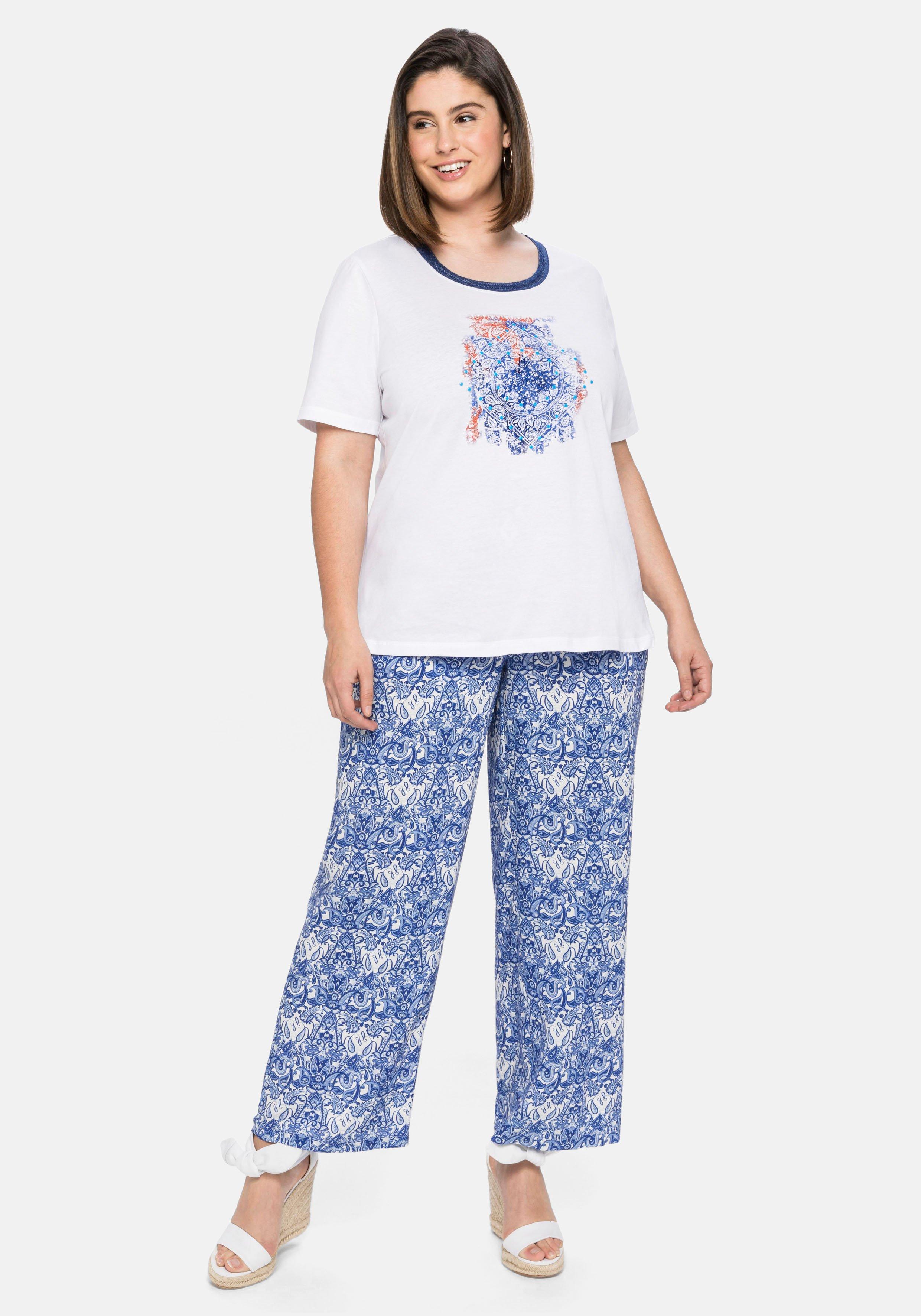 Shirt mit Effektgarn am Ausschnitt und Frontdruck