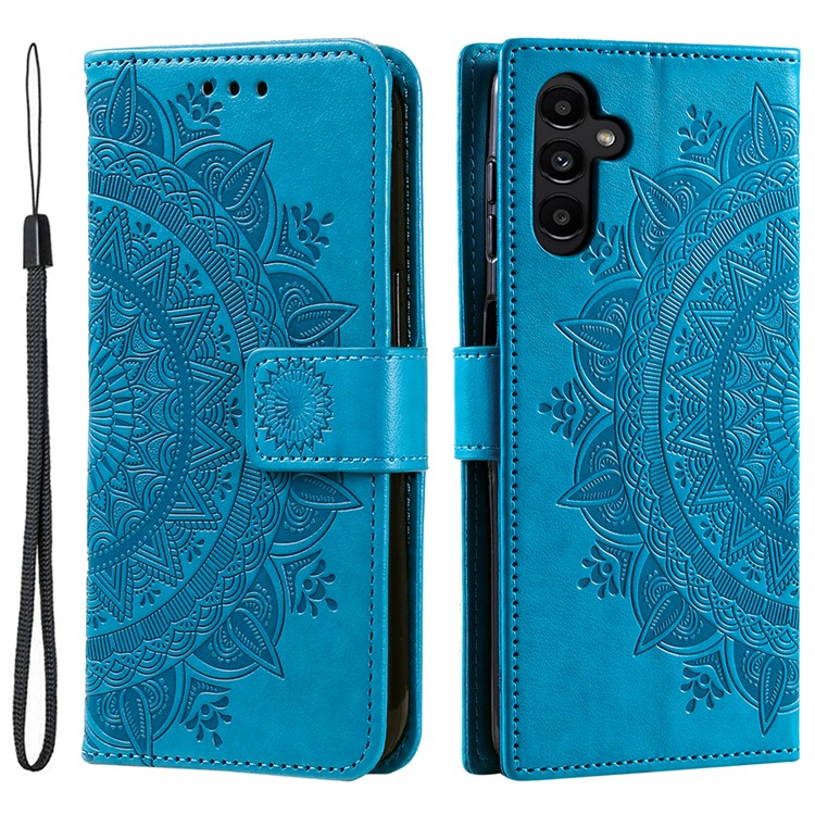 Samsung Galaxy A36 Leder Tasche Wallet - Mandala Flowers Imprint - Blau