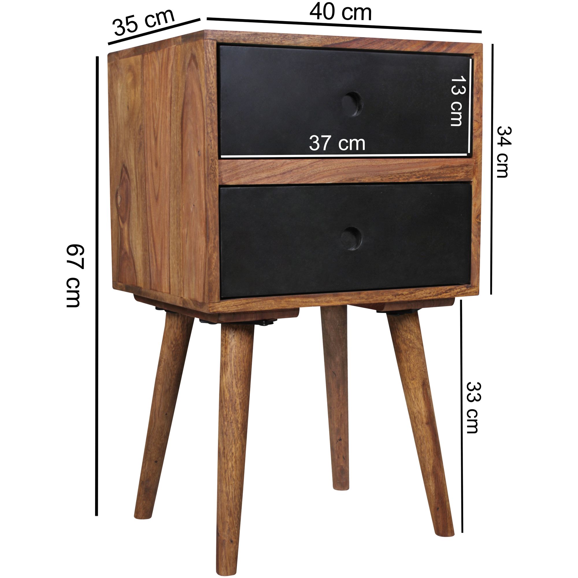 KADIMA DESIGN Retro Sheesham Nachtkonsole, Schwarz, 67 cm - Für Boxspringbetten geeignet