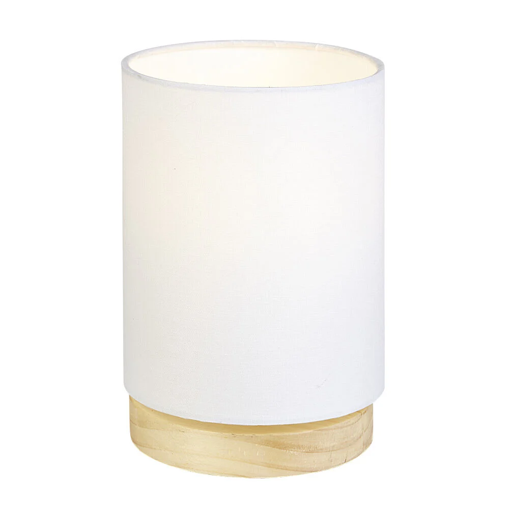 Lampe de chevet abat jour blanc sur base ronde en pin naturel