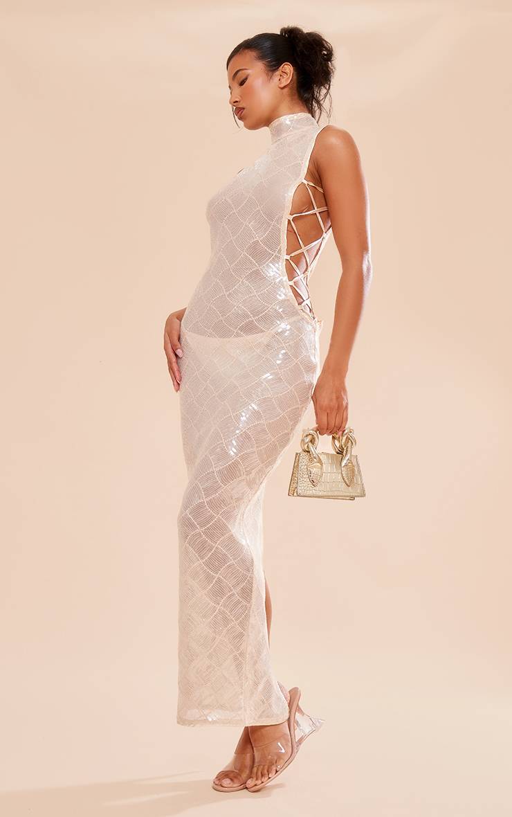 Robe Mi-longue À Col Montant Avec Sequins À Motifs Et Laçage Sur Le Côté