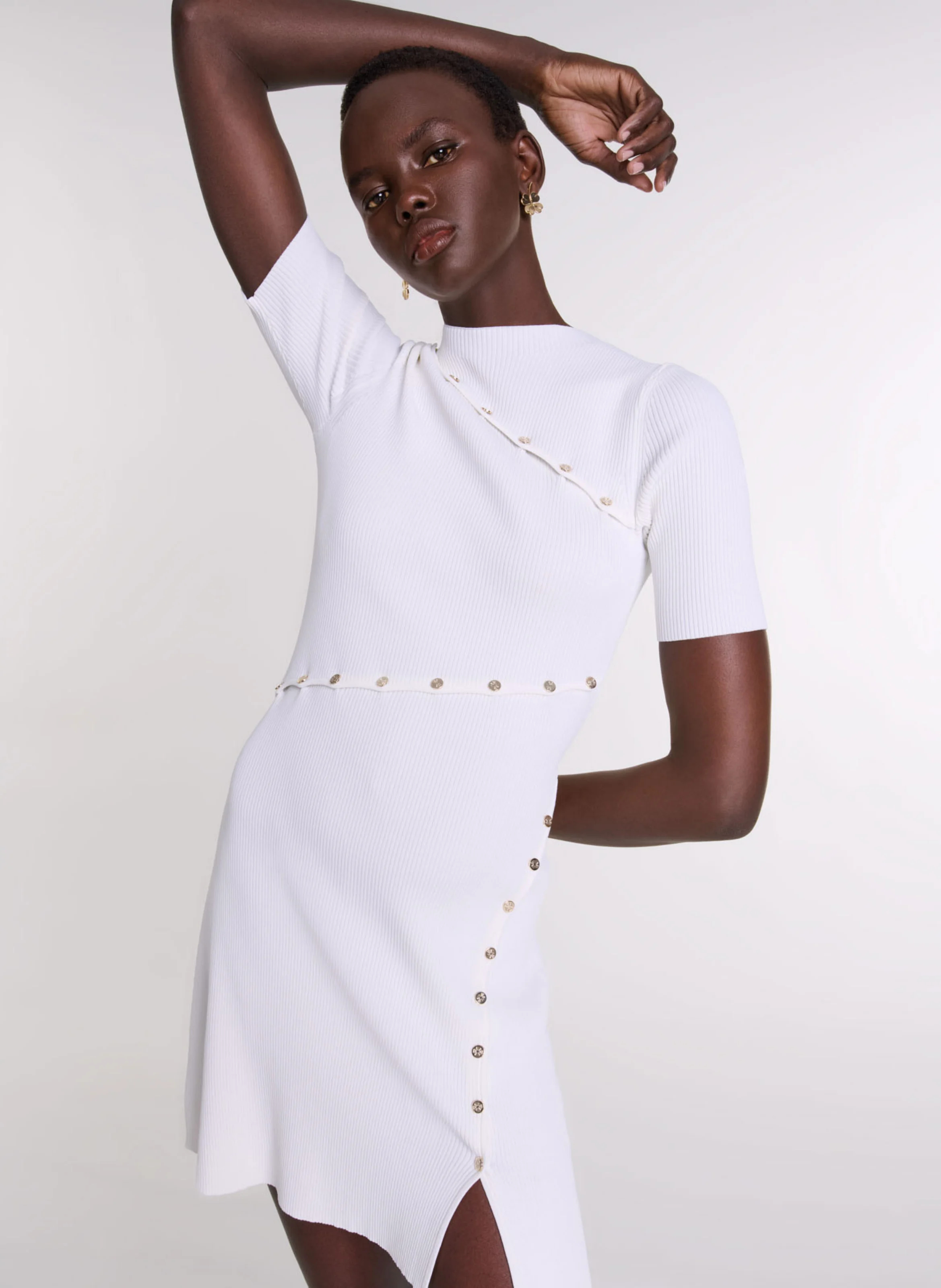 Robe courte en maille à col montant | Blanc