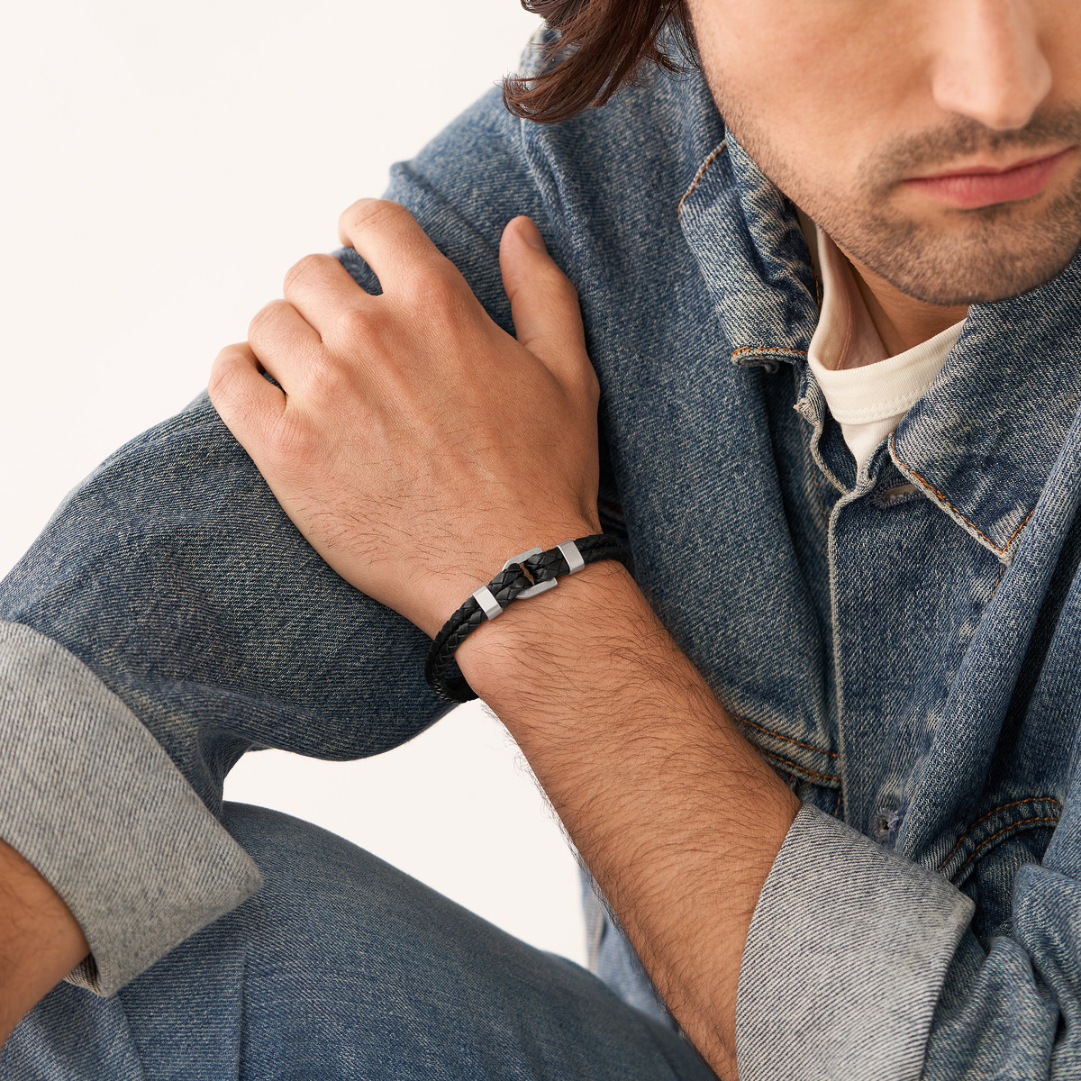 Bracelet FOSSIL acier cuir noir 19,5 cm