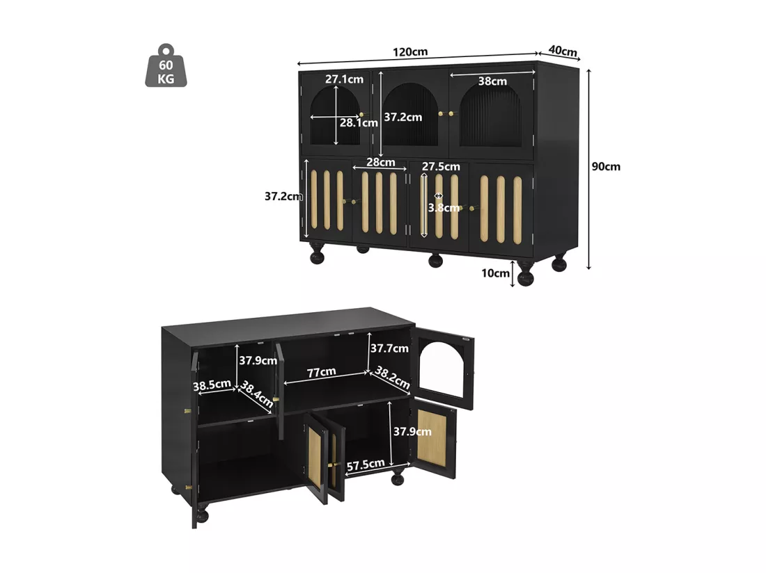 Buffet de salle à manger moderne noir avec portes en verre Longhorn, portes à clé piano, pieds cylindriques