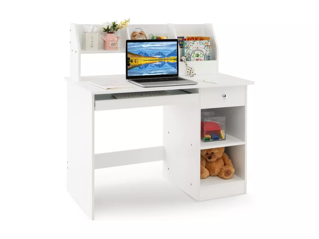 Bureau Enfants en Bois avec Etagères & Niche, Bureau d'Etude Enfants avec Plateau à Clavier, Dispositif Anti-basculement & Patins Antidérapants, Charge 100kg, 90x45x90cm