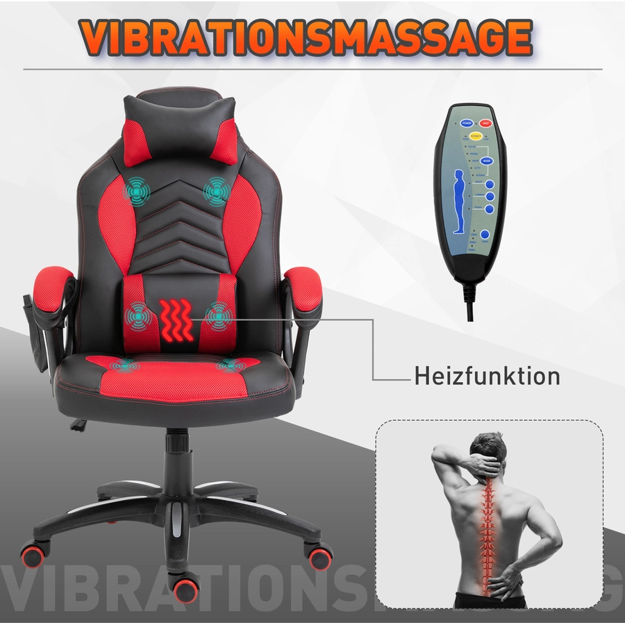 HOMCOM Sportlicher Chefsessel mit Massage- und Wärmefunktion schwarz, rot