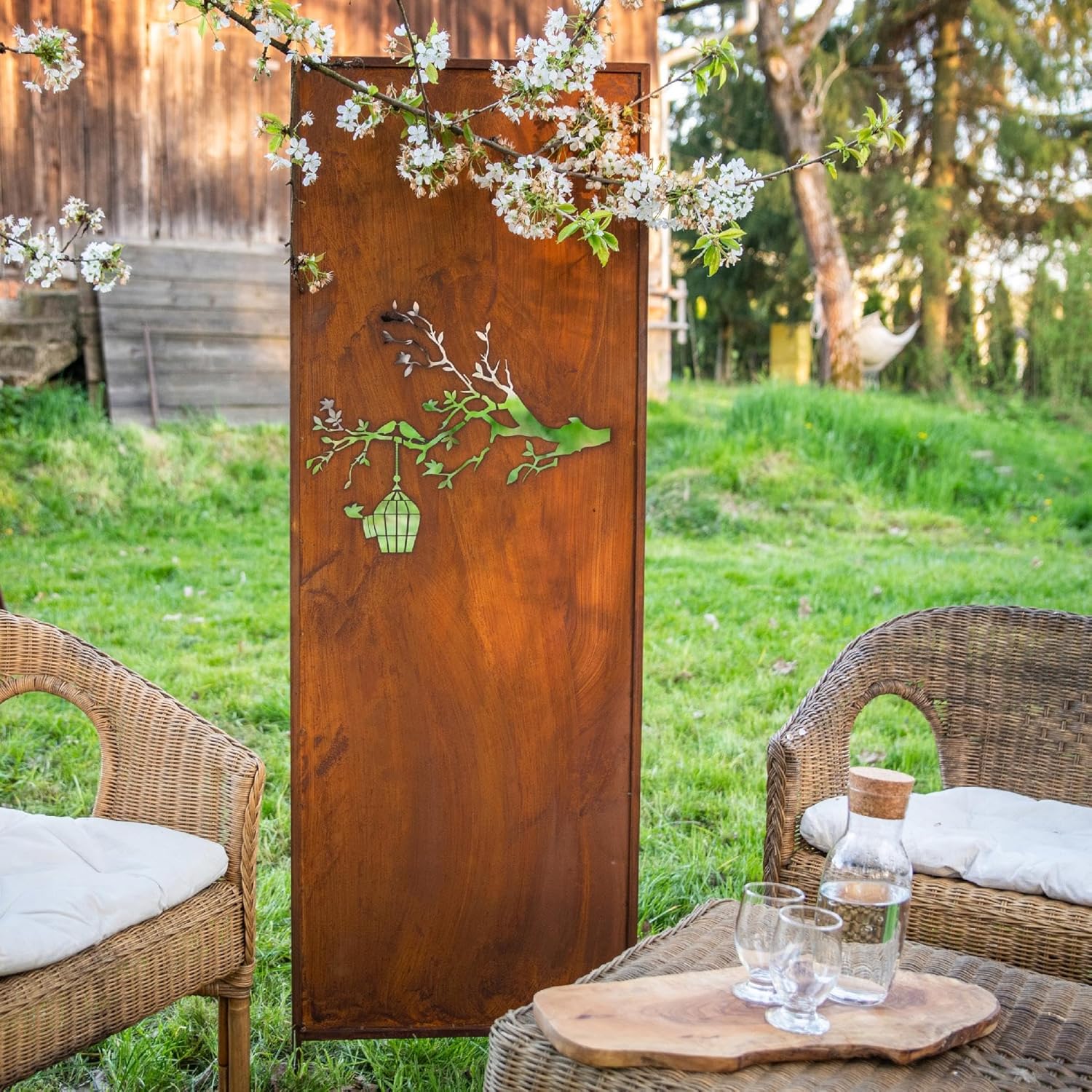 Kapaga - Sichtschutz Metall 2x - 160 cm x 50 cm - Edelrost - Rostoptik Sichtschutz für Garten - Sichtschutzelement - Sichtschutzwand - Gartendekoration Zaun - Rost (Vogel)