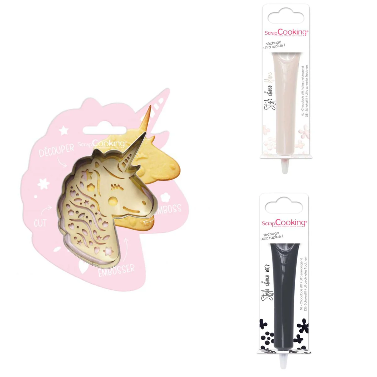 Kit pour biscuit en relief Licorne + 2 Stylos au chocolat blanc et noi