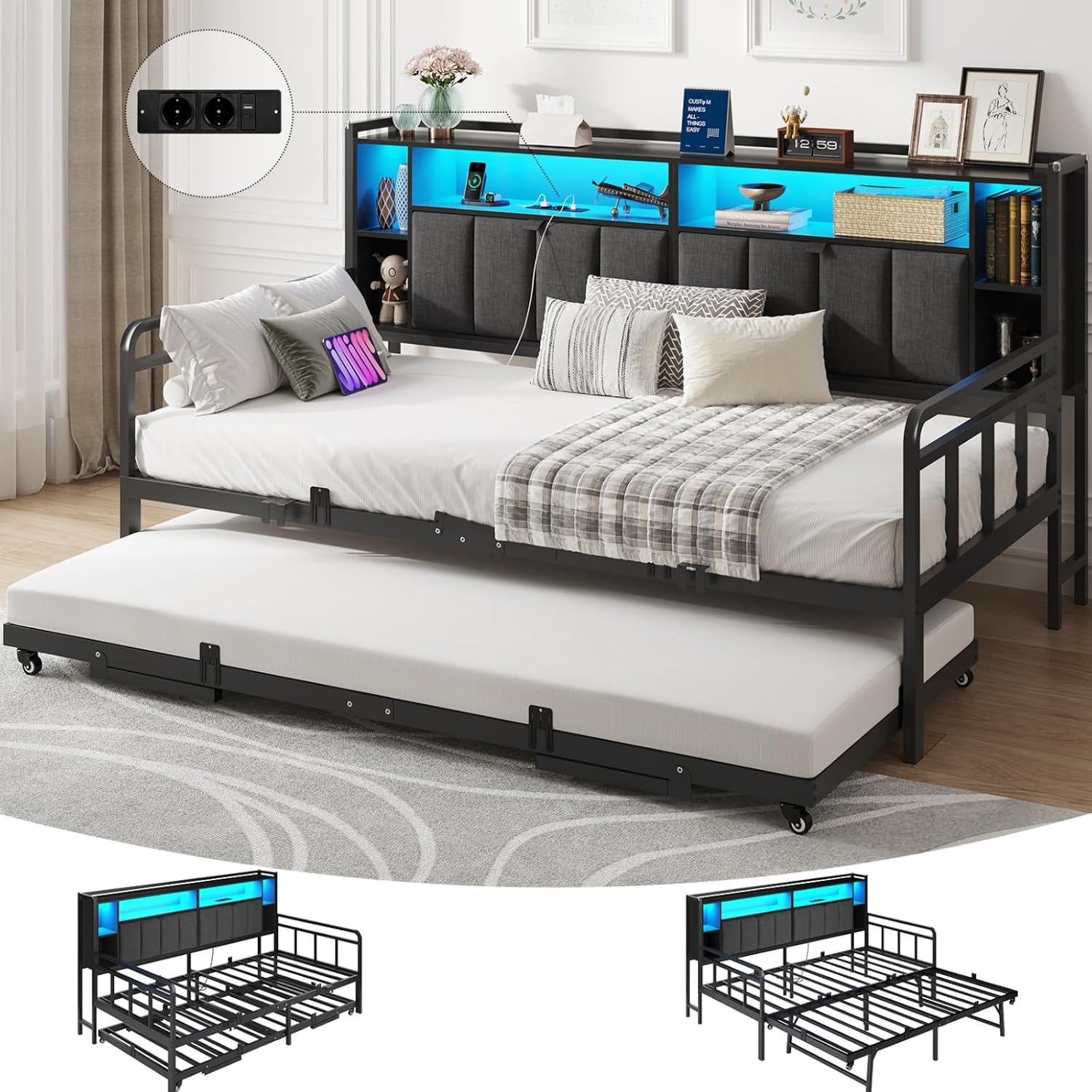 Schlafsofa mit Ausziehbett, Tagesbett 90x200/180x200 cm mit LED Beleuchtung & Ladestation (2 AC-Steckdosen + 2 USB-Anschlüsse), Ausziehbares Bett Praktisches Gästebett für Wohnzimmer, Schwarz