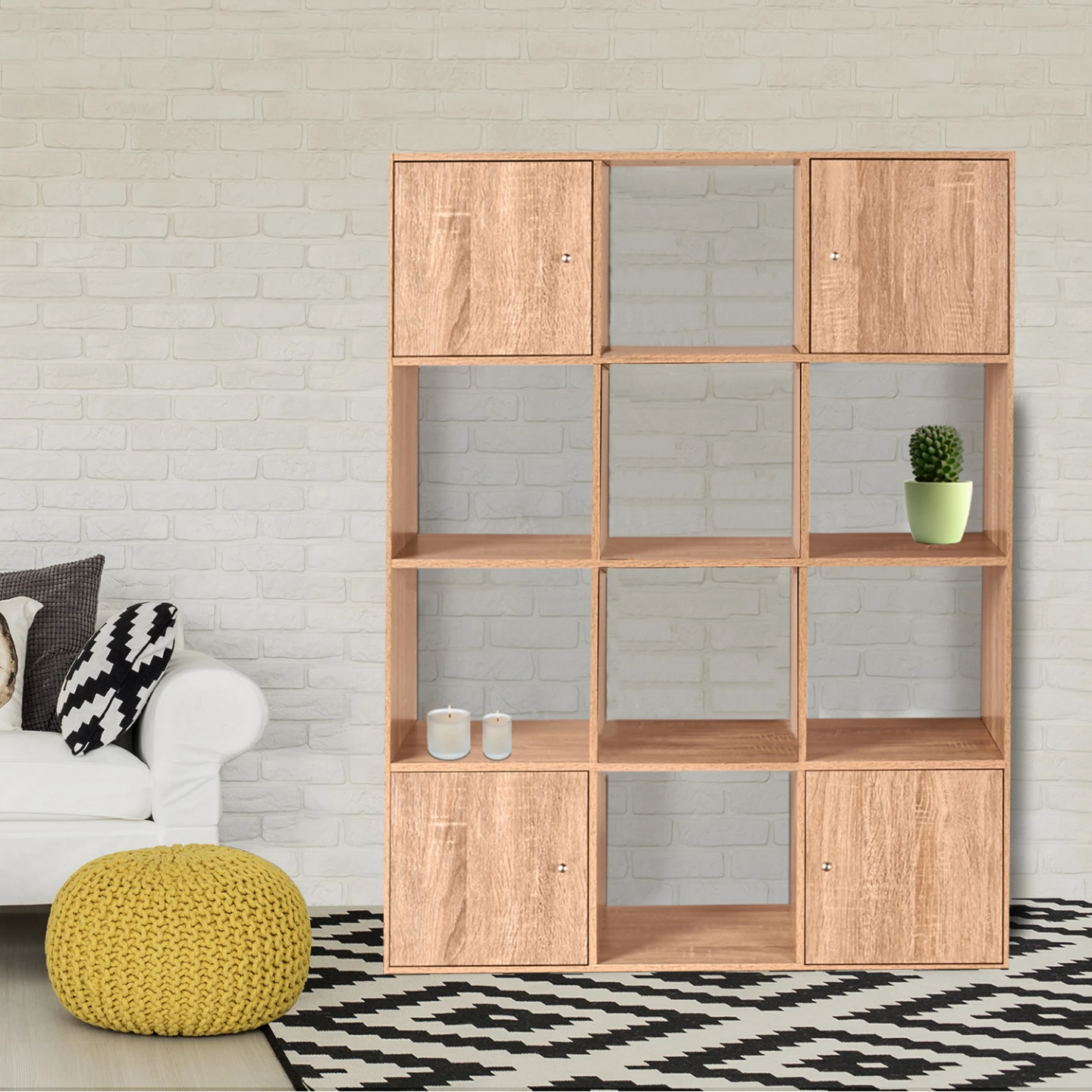 Meuble de rangement cube RUDY 12 cases bois façon hêtre avec portes