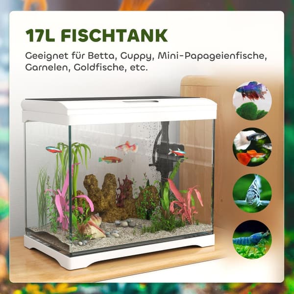 Akvarium med LED-belysning, filtersystem, 17L fisketank, tropisk fiskeakvarium med vannpumpe hvit