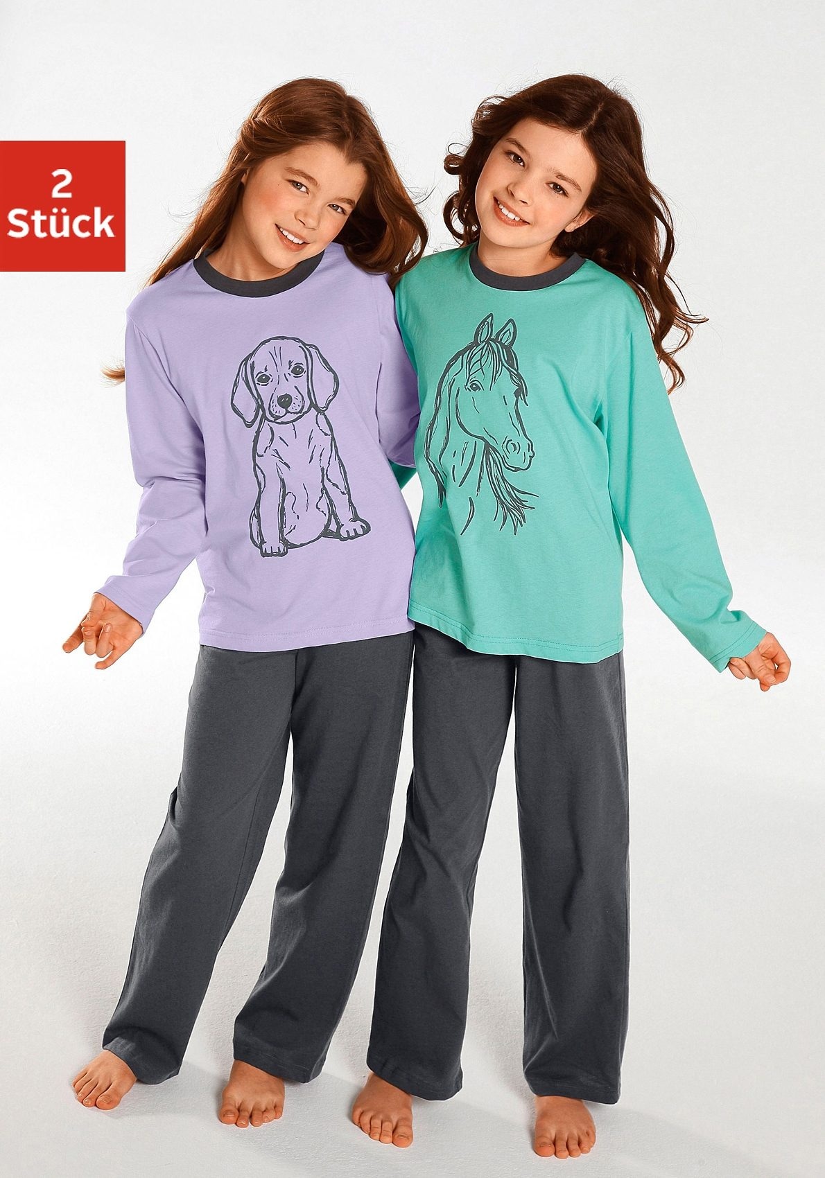 Vivance Pyjama 2 Stück, 4 Stk. tlg., Oberteile in schönen Farben mit Tierdruck