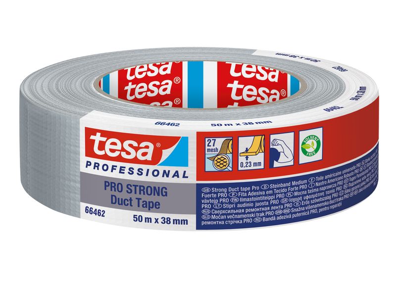 tesa Klebeband Pro Strong Duct Tape Grau, 50 m x 38 mm Klebeband mit extra starkem Halt – Duct Tape für Reparaturen, zum Befestigen, Abdichten und mehr