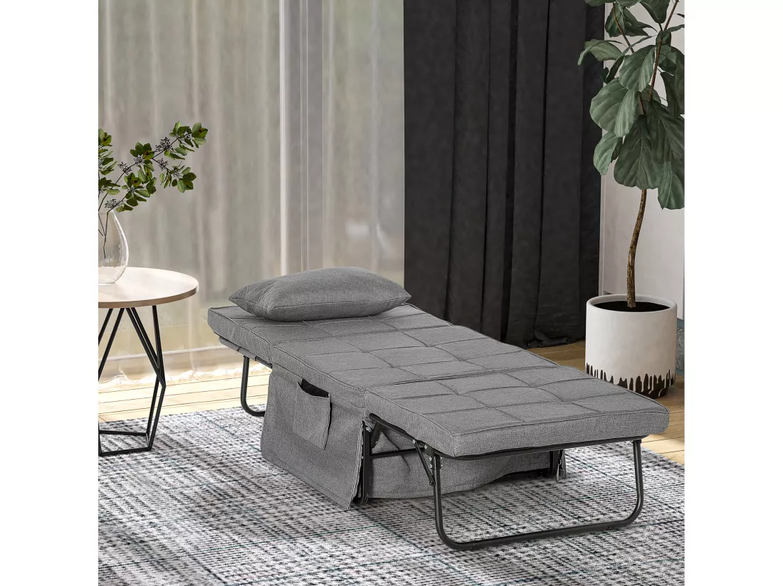 Fauteuil relax canapé pouf lit d'appoint 4 en 1 dossier inclinable 5 niveaux repose-pied rabattable châssis acier noir polyester gris