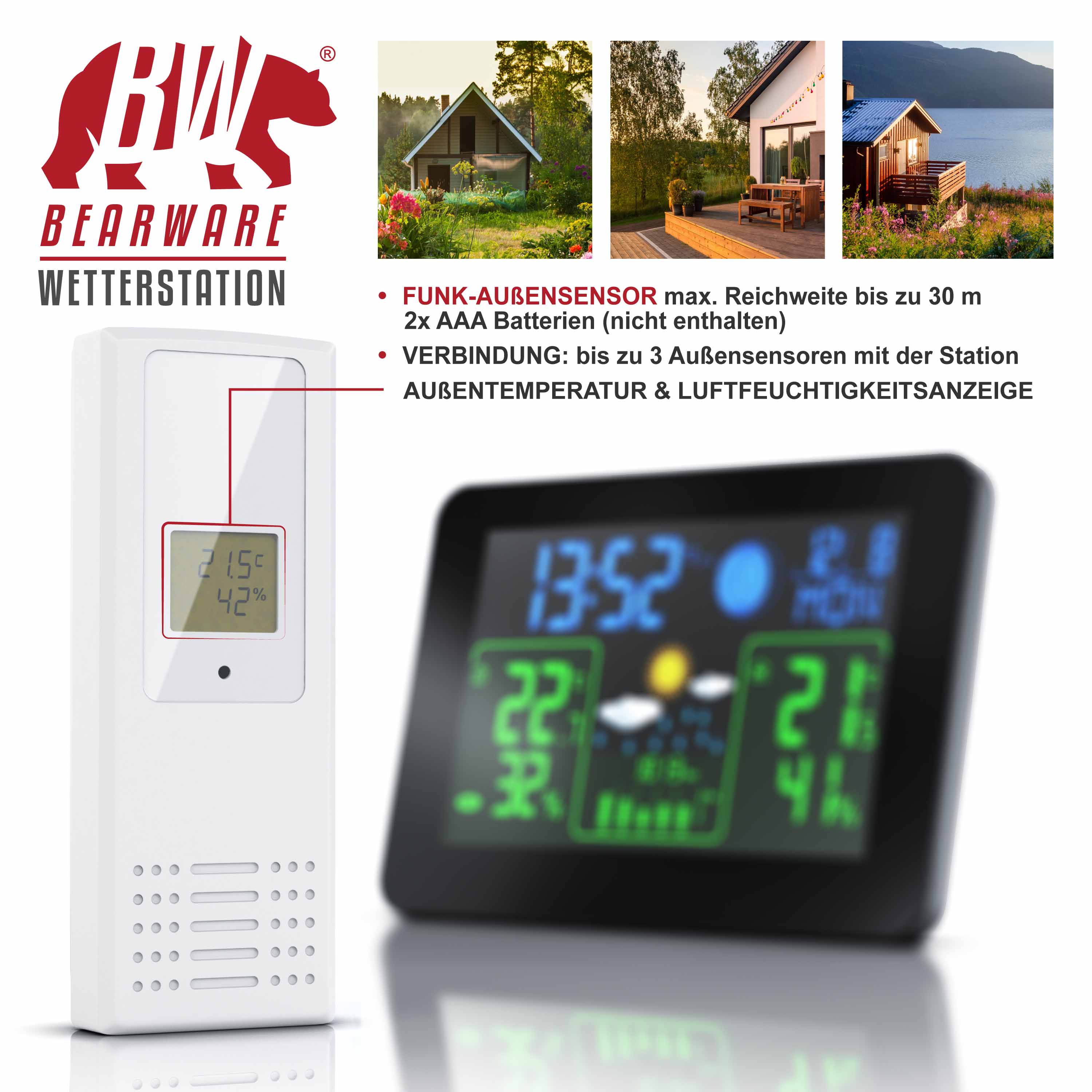 BEARWARE Funkwetterstation mit Farbdisplay & Außensensor Barometer, Wettervorhersage uvm.