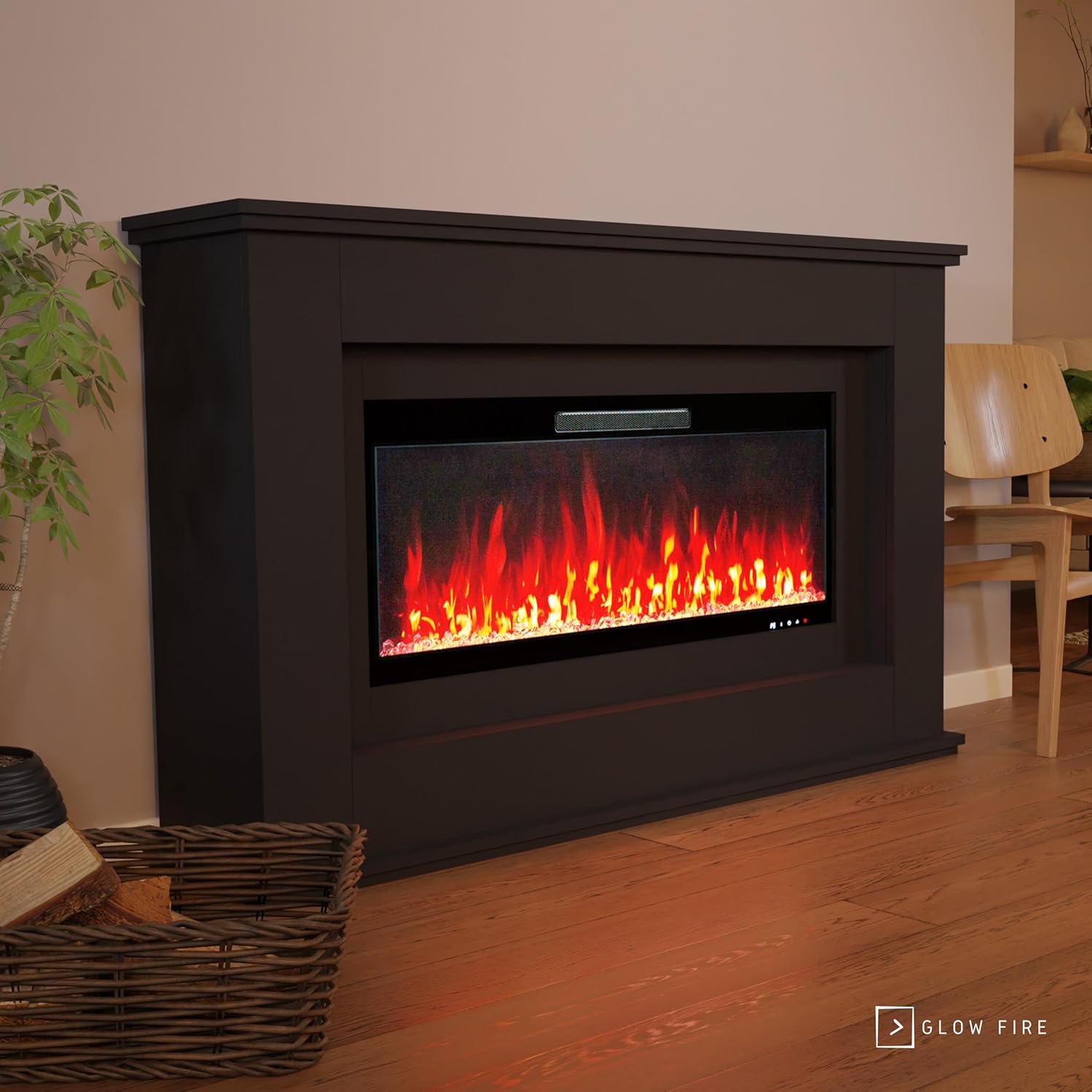 GLOW FIRE Elektrokamin mit Heizung und Kaminfeuer (Standkamin Rhea) - elektrischer Kamin mit LED-Feuer in 5 Farben, Heizlüfter, Deko & Fernbedienung - 158x97x33 cm, Schwarz
