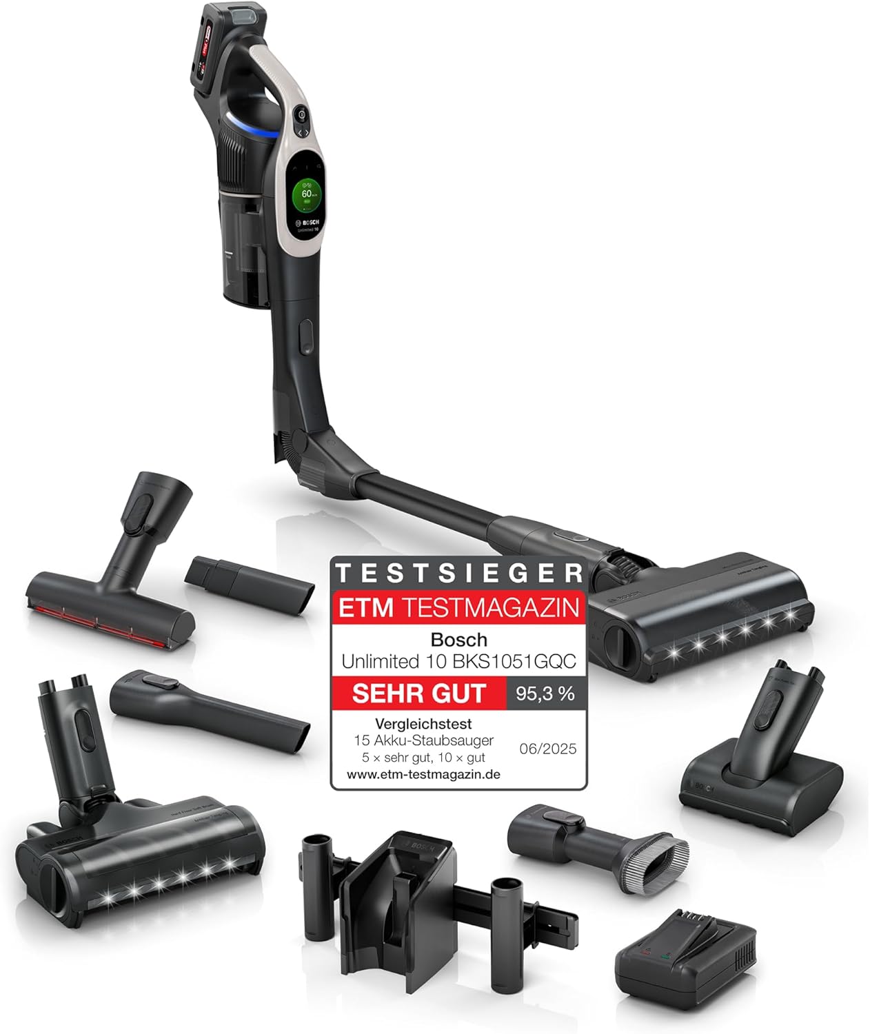 Bosch Akku-Staubsauger Unlimited 10 BKS1051GQC, kabellos, MicroClean Technology, TFT-Display, Staubkomprimierung, HEPA-Filtersystem, 10 J. Motorgarantie, 4 Ah Akku, LED-Licht, Schnellladegerät, grau