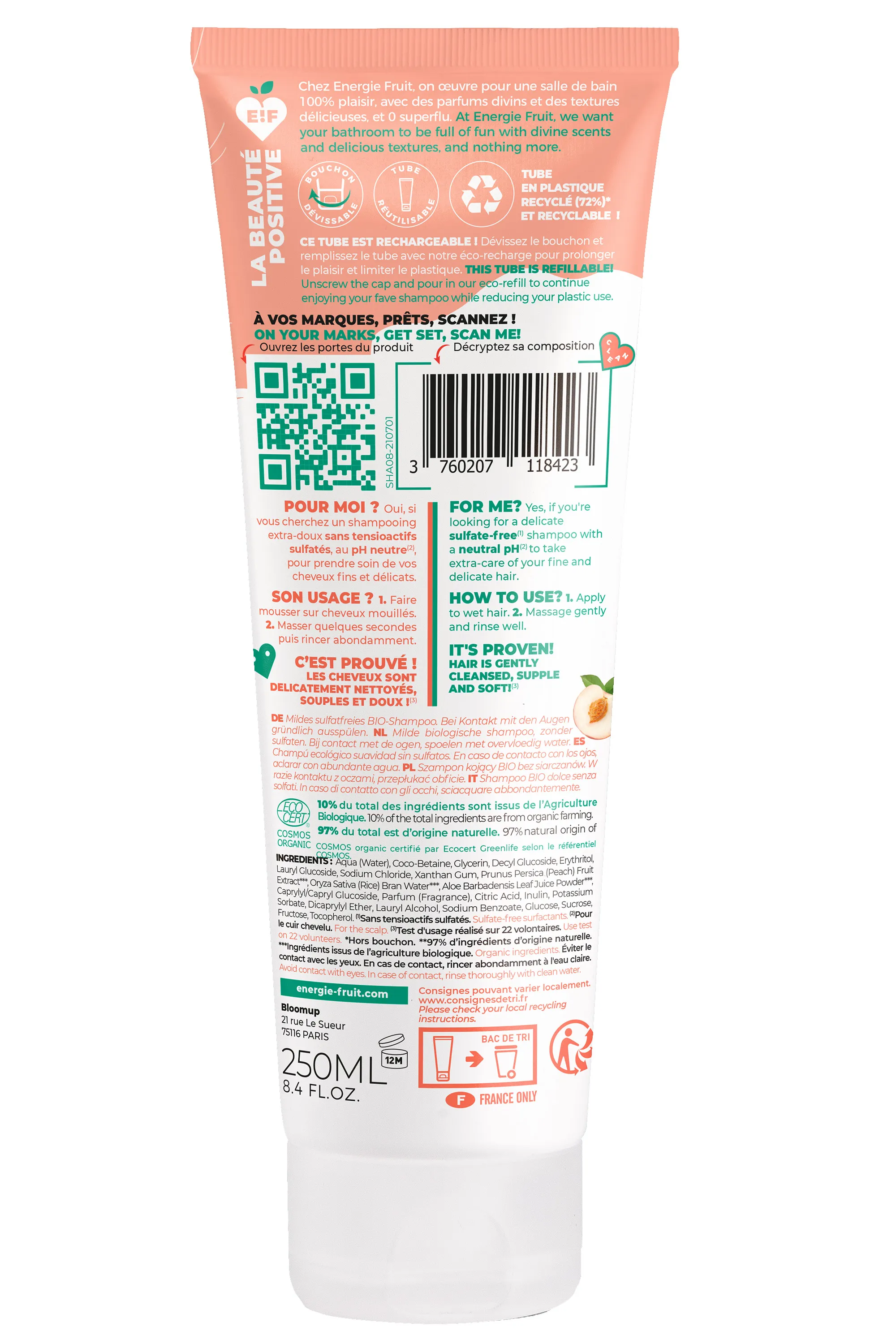 Energie Fruit Shampoing pour cheveux fins à la pêche blanche et à eau de riz-250 ml