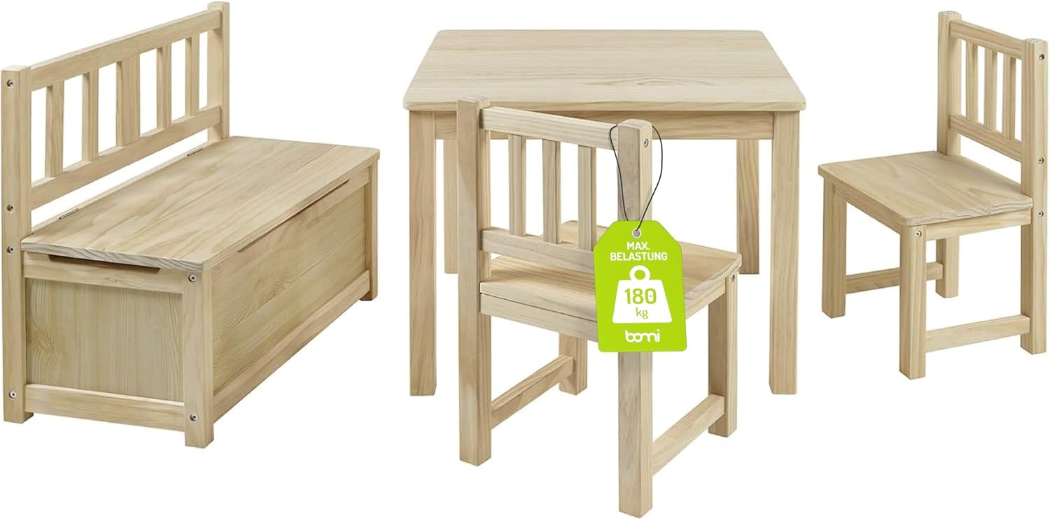 Bomi Kindersitzgruppe Anna mit integrierter Spielzeugkiste | Kinderzimmer-Set inkl. Kindertisch mit 2 Stühlen & Kindertruhenbank | Kindermöbel aus FSC nachhaltigem Kiefern Massiv Holz | Naturbelassen