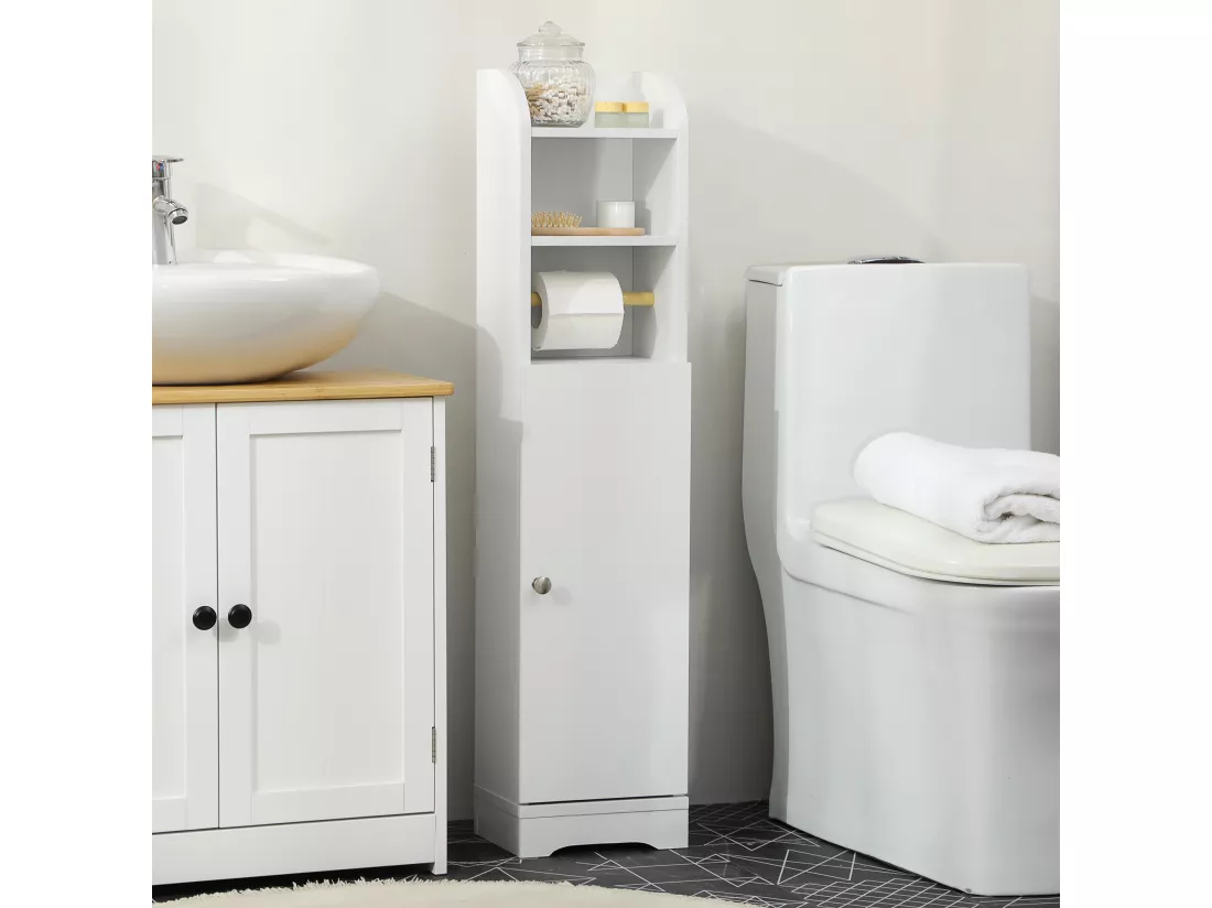 Meuble WC armoire toilette - porte, 2 étagères, niche, support papier - dim. 23L x 18l x 100H cm - blanc
