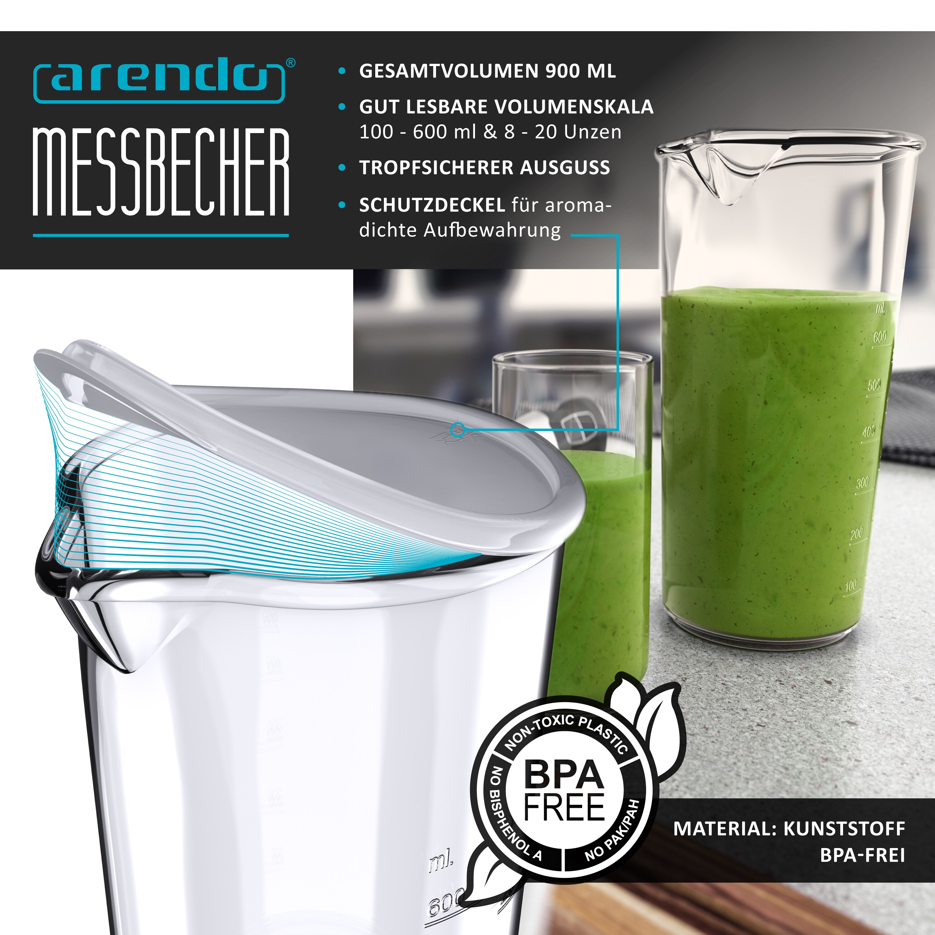Arendo Messbecher 600ml ideal für elektrische Handmixer und Handrührer, Skalierung für Milliliter und Unzen, Transparent