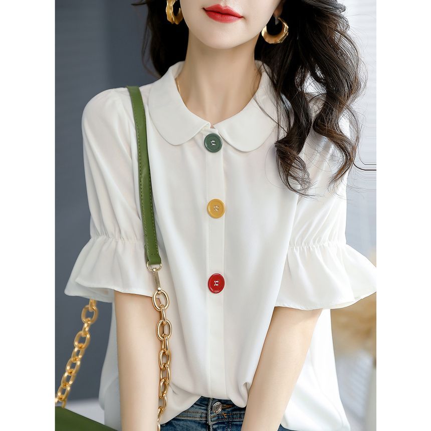 Jeonseon - Blouse met korte mouwen en effen kleur