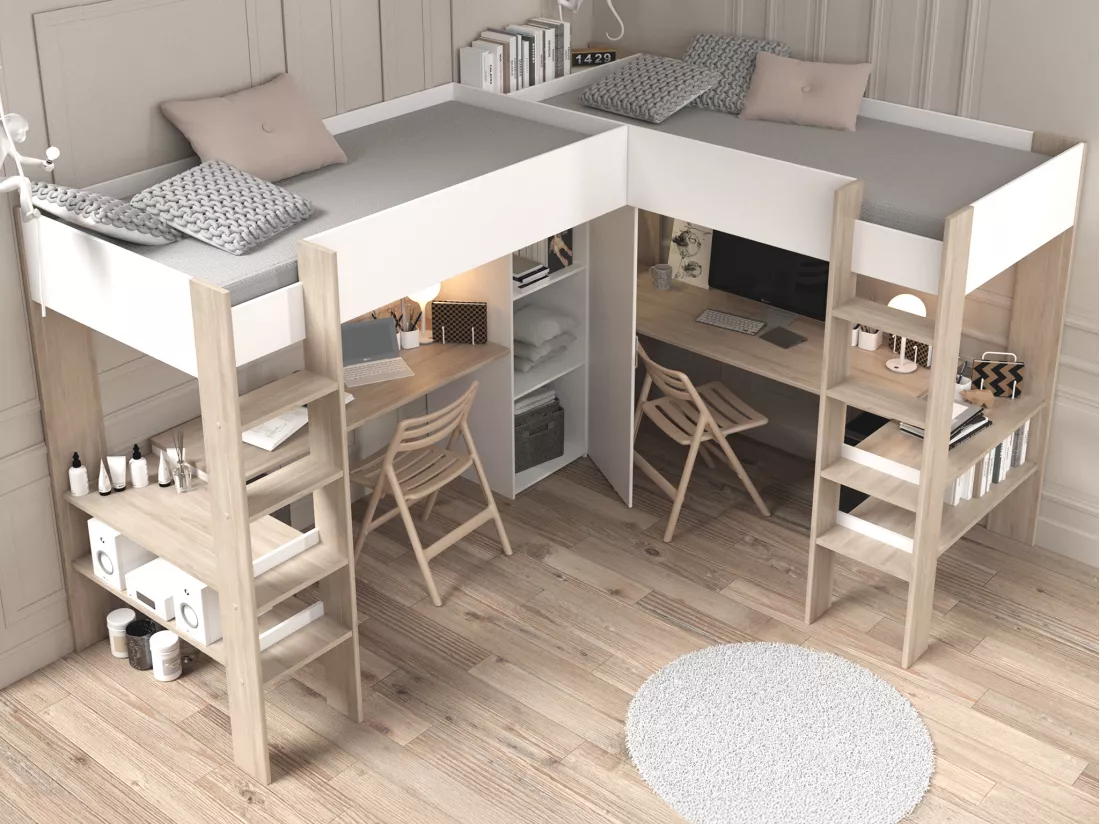 Double lit mezzanine d'angle 2 x 90 x 200 cm - Avec rangements et bureaux - Blanc et naturel - LASCANO