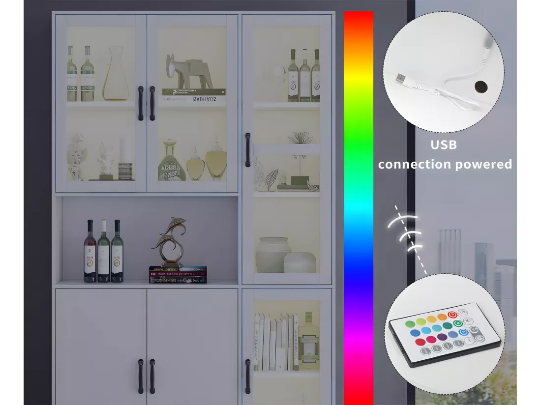 Vitrine avec éclairage LED - étagères avec 6 portes - H 200cm - Blanc