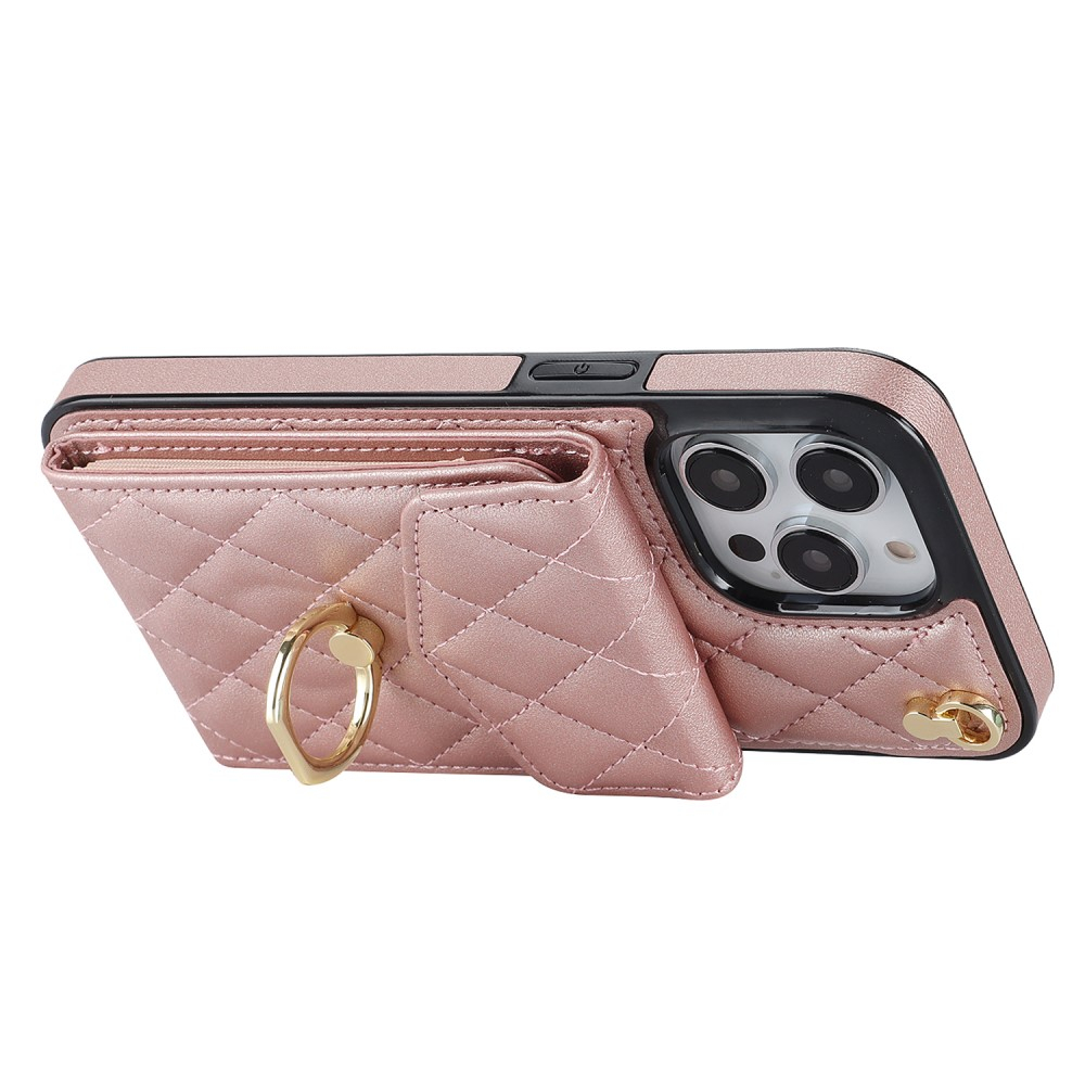 iPhone 15 Pro Max Necklace Leder Hülle mit Kartenfächer   Finger Griff Halterung   Handykette (RFID Schutz) - Roségold
