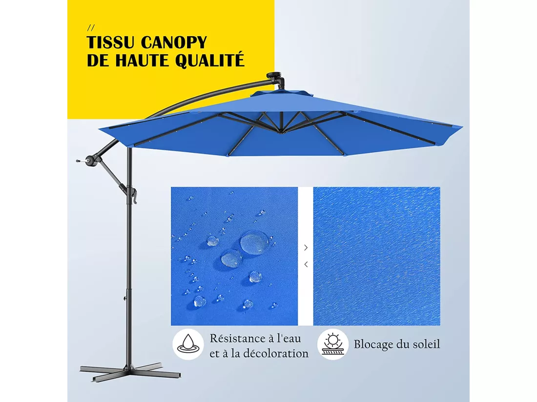 Parasol Déporté 3M Excentré avec 24 LED Lampe Solaire en Polyester Inperméable Hauteur 250CM avec 8 Baleines en Fer Jardin