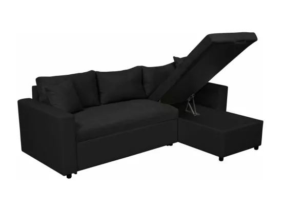 Canapé d'Angle 3 Places Maria Réversible Convertible avec Coffre en simili et microfibre - Noir - L227 x P146 x H81cm - Loungitude